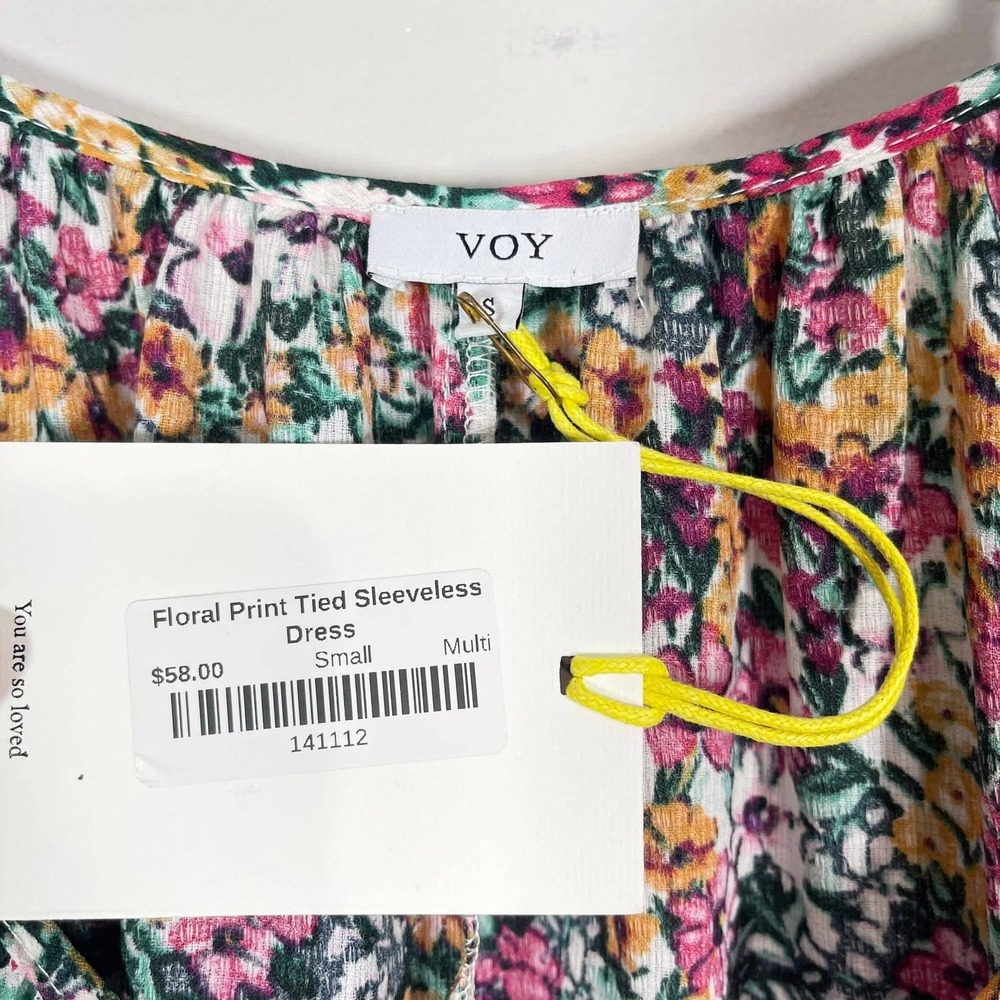 VOY Mini Dress Wms Small Pink Green Floral Strappy Ruffle Hem Boho Garden Flowy - Picture 6 of 6